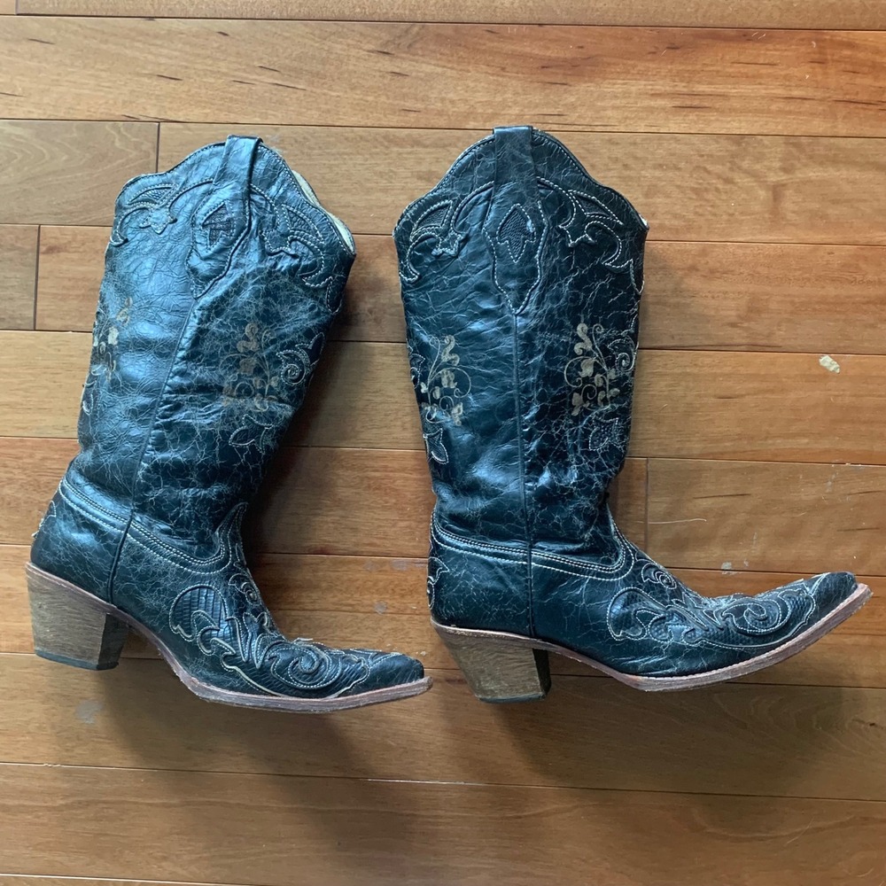 Corral 8M Cowboy Boots Black Leather Embroidered Snip Toe GUC A1094